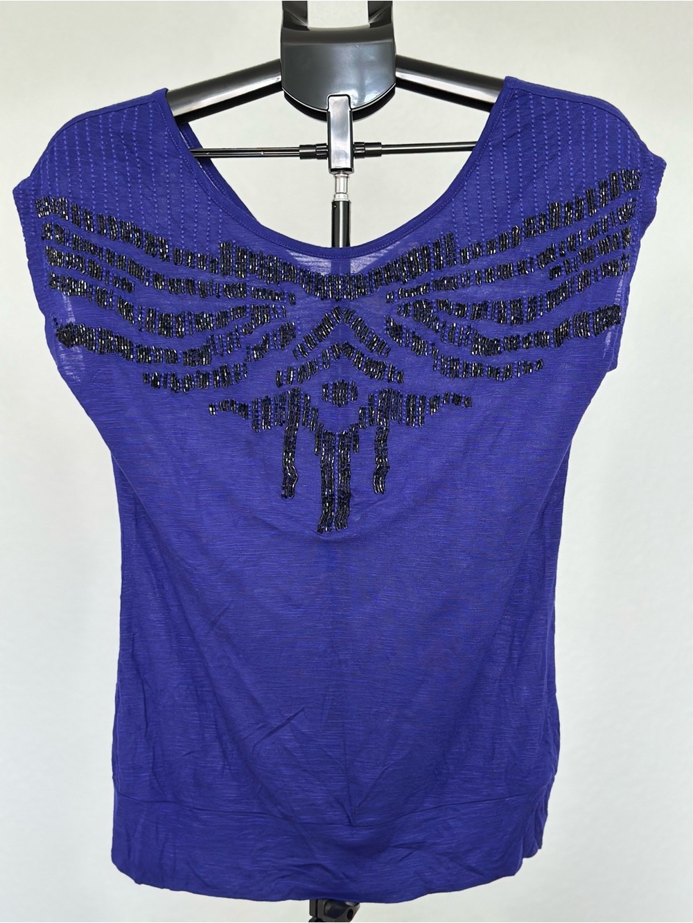 Anthropologie Brand Purple Short Sleeve Tee with Black Bead Motif